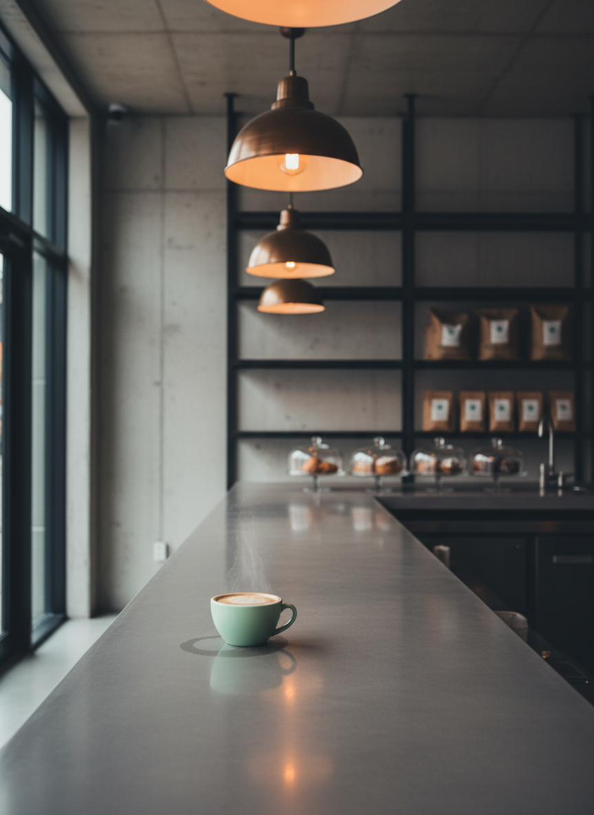 A long, narrow coffee bar in a minimalist city cafe, captured from a slightly elevated angle. A single, perfectly poured flat white in a pastel mint ceramic cup sits alone near the edge of a smooth concrete counter, with a tiny ring where a previous cup once rested. In the softly blurred background, industrial-style shelving holds neatly arranged bags of coffee and a subtle row of pastries under glass domes. Warm pendant lights hanging from the ceiling cast a golden, intimate glow that contrasts with cool daylight from a high side window, creating layered lighting. Photographic realism, calm but slightly critical mood, ideal for a ‘great coffee, questionable comfort’ review.