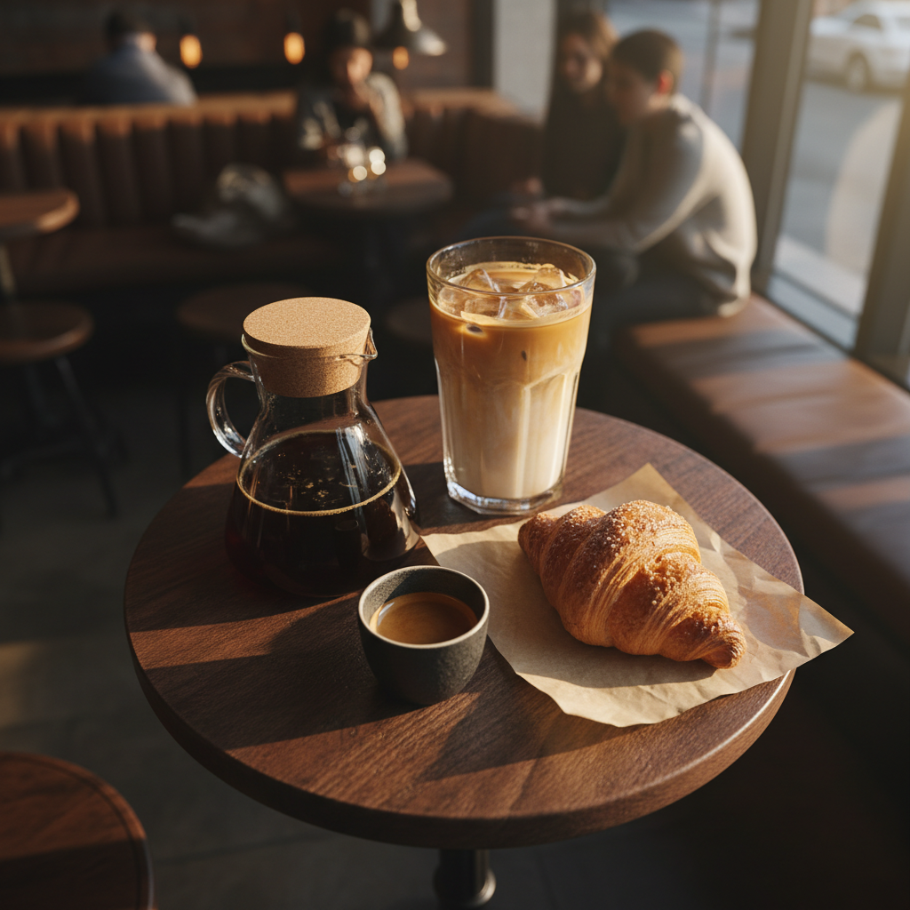 An overhead shot of a small round table in a cozy city cafe, featuring three distinct drinks: a moody, inky-black pour-over in a glass carafe, a bright iced latte with swirling milk and clinking ice cubes in a clear tumbler, and a tiny, intense espresso in a matte black demitasse. Beside them, a flaky butter croissant rests on parchment. The table surface is dark walnut, slightly worn, hinting at regulars and long conversations. Late-afternoon golden light streams in from a nearby window, creating long, soft shadows. Photographic realism with vibrant yet natural colors, shallow depth of field, playful but honest atmosphere, capturing variety for a multi-drink review.