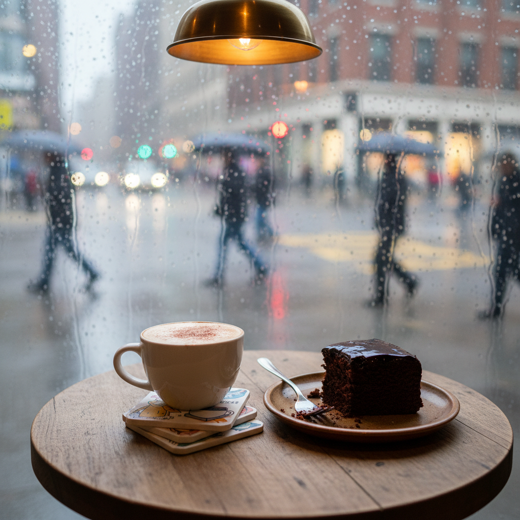 A cozy corner table by a large city cafe window on a rainy day, captured in photographic realism. A cinnamon-dusted cappuccino in a slightly chipped white ceramic mug sits on a small stack of quirky coasters, beside a half-eaten slice of dense chocolate cake on a simple stoneware plate. Raindrops streak down the foggy window behind, with blurred city lights and umbrellas outside. Soft, diffused grey daylight mixes with warm interior lamp light, creating a moody, introspective atmosphere. Shot at a three-quarter angle with the drinks and pastry in sharp focus and the rainy street in gentle bokeh, conveying the perfect setting for a brutally honest yet affectionate review of ambiance.